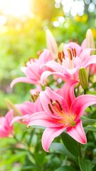 Fototapeta premium Close-up of pink lilies in a garden
