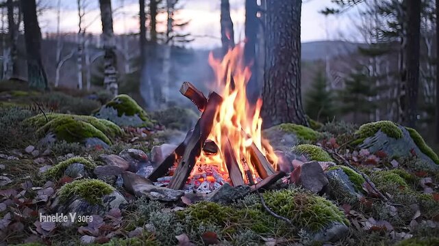 Glowing Campfire in a Tranquil Forest at Twilight. Cozy Evening Scene with Mossy Rocks, Trees, and Warm Flames.
