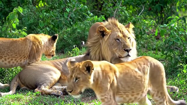 Majestic African male lion with two young cubs relaxing peacefully in their natural lush green safari habitat.