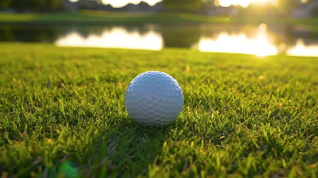 Close up of a white golf ball on vibrant green grass with a tranquil lake and golden hour sunset on a beautiful golf course.