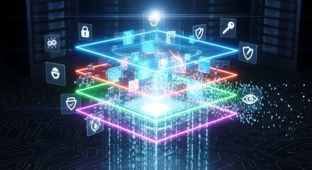 Layered digital security system with glowing icons and data flow