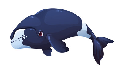 Cartoon whale character swimming underwater with friendly expression. Isolated vector marine mammal animal personage with dark blue curve body and white spots. Giant sperm whale ocean inhabitant