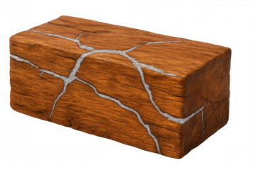 Wooden block repaired using traditional kintsugi method, silver-filled cracks highlighting beauty of imperfection, transparent backdrop