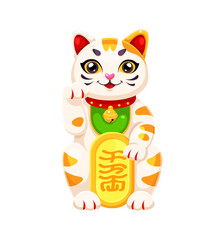 Cartoon lucky Japanese Maneki Neko lucky cat. Vector cheerful kitten souvenir with a friendly smile and raised paw holding golden ingot with hieroglyphs. Traditional symbol of good luck and prosperity