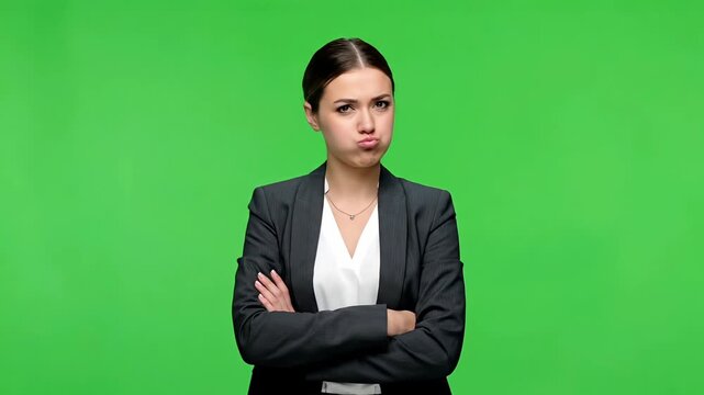 Business Woman in Professional Attire with Pouting Expression on Green Screen Background for Chroma Key Editing