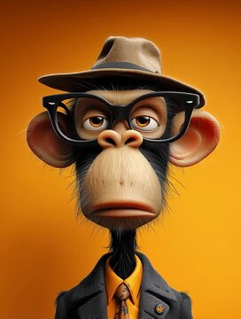 A Cartoon Monkey in a Suit and Hat with a Yellow Background Generative AI