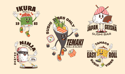Groovy sushi roll characters for T shirt print and posters with cartoon Japanese food, vector personages. Groovy sushi stickers of sushi with funny faces, happy rice roll with funky ninja sushi © Buch&Bee