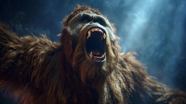Ferocious Orangutan Standing Upright and Roaring Full Body Wild Animal Illustration Generative AI