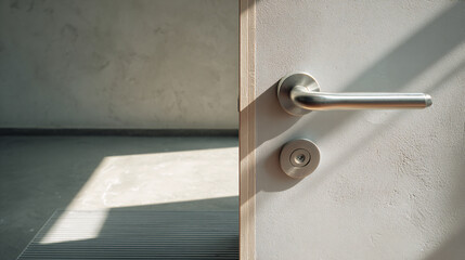 Close-up of wide accessible door handle with flat threshold, neutral wall featuring subtle tactile indicator, minimalist clean design