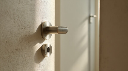Close-up of wide accessible door handle with flat threshold, neutral wall featuring subtle tactile indicator, minimalist clean design