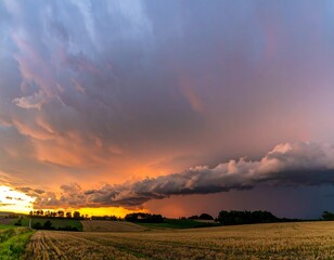 Obraz premium Dramatic sunset over a field with storm clouds