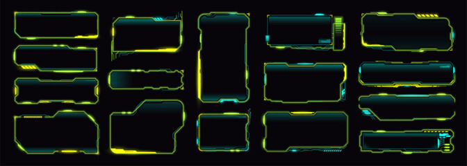 Neon cyberpunk game HUD interface, vector UI elements. Future cyber tech frames, digital text boxes and screens. Sci Fi game modern dashboard panel frame borders with neon cyberpunk pattern