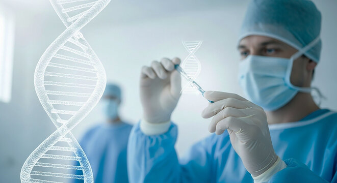 A woman in a mask, a doctor or a scientist, holds a syringe in a medical laboratory