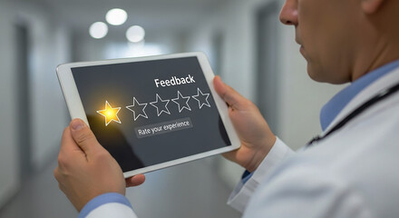 A businessman's hand points to a marketing plan diagram on a tablet, a male doctor uses a pen to write on a clipboard, and another male doctor holds a tablet computer