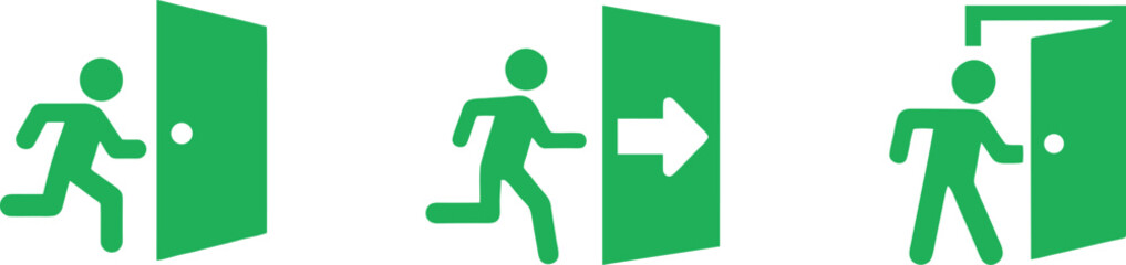 Emergency Exit Icon Set &ndash; Green Door and Running Man Safety Vector. Green evacuation exit sign icon set, showing direction to safe area, fire exit symbols.