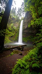 Lush waterfall cascading down a rocky cliff face, surrounded by trees and ferns in a misty forest