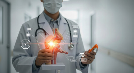 Doctor holding a 3D heart model with a glowing red spot, symbolizing cardiology, heart disease, heart attack prevention, and advanced medical diagnostics