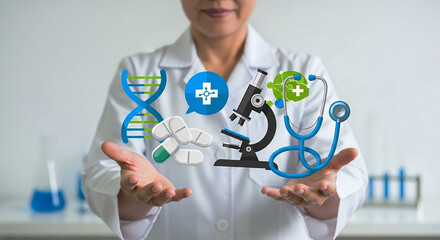  Doctor's hands holding a collection of glowing medical icons, including DNA, pills, a microscope, and a stethoscope, symbolizing comprehensive healthcare and medical science