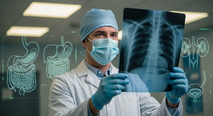 A female surgeon in a mask and uniform looks intently at an X-ray in a hospital