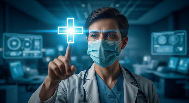 A female physician wearing a mask and stethoscope presses a button on a modern medical computer