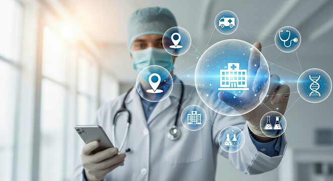Doctor in mask and gloves interacts with a virtual screen of medical icons, representing digital healthcare, hospital management, telehealth, and medical technology.


