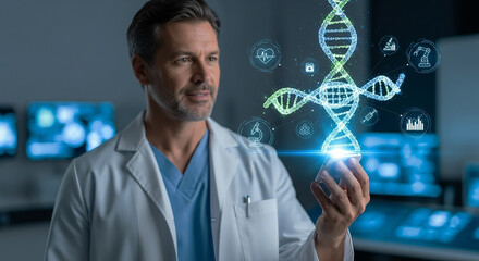 A scientist or doctor holding a glowing, holographic DNA double helix, symbolizing genetic research, DNA sequencing, molecular biology, and personalized medicine