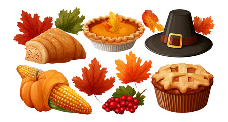 Autumn Harvest Clipart with Food and Leaves on Transparent Background
