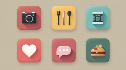 Set of six colorful 3D application icons for social media food and photography featuring a modern design with long shadows.