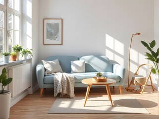 Fototapeta premium Light Blue Sofa Living Room Interior Design: Modern Home Decor Inspiration