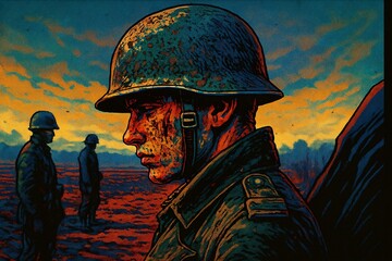 Soldier with a grim face stands at sunset, battlefield atmosphere.
