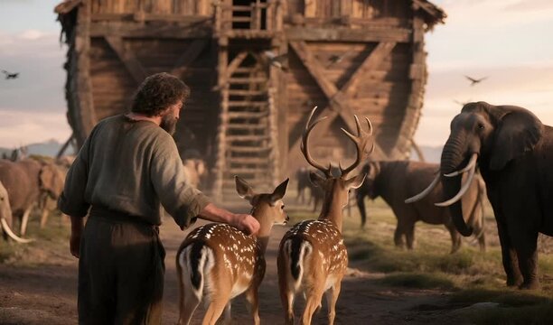 Noah Gathering the Animals, Preparing the Ark Before the Great Flood and pairs of animals