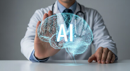 AI in Neuroscience: A Doctor Interacts with a Holographic Human Brain Model. Artificial Intelligence, Digital Health, and Neurotechnology Advance Medical Diagnosis and Research