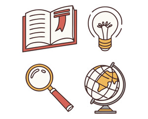 Collection of hand drawn icons representing education and learning including an open book a lightbulb a magnifying glass and a globe