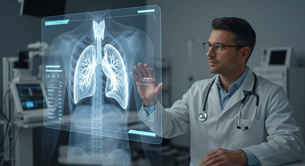 A Doctor Interacts with a Digital Hologram of Lungs. This represents advanced medical technology, futuristic diagnostics, and AI-powered respiratory healthcare