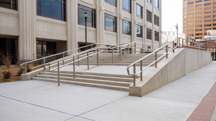 Wide exterior shot of accessible concrete ramp with metal handrails, clean urban environment in neutral tones, designed for universal accessibility