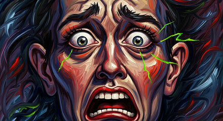A close-up illustration of a woman's face expressing intense fear and distress, with visible signs of shock.