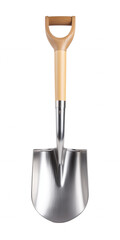 Close-up of a pristine shovel with a polished silver blade and light wood handle on transparent background