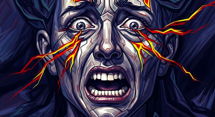 Naklejka premium A stylized digital illustration depicts a distressed face with wide eyes and an open mouth, fire-like streaks emanating from the eyes.