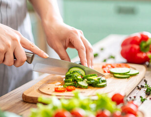 Woman's Hands Chopping Fresh Cucumbers and Vegetables on Wooden Cutting Board