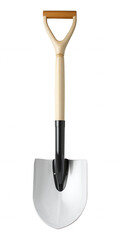 Upright shovel with wooden handle and white blade on transparent background