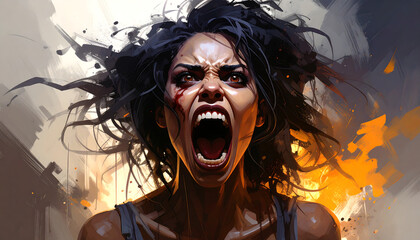 An enraged woman with disheveled hair screams intensely, her face stained with blood, against a fiery, destructive background.