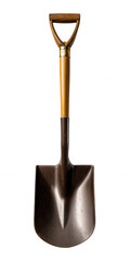 Single upright shovel with wooden handle and metal blade on transparent background