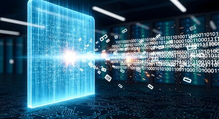 Abstract digital data stream flowing into a glowing blue square