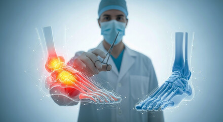 Foot and Ankle Surgery: An orthopedic surgeon in a medical mask holds surgical tools between two glowing holographic models of a foot, one showing bone structure and the other inflammation