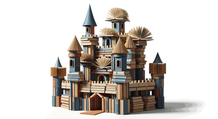 Elaborate wooden toy castle crafted from intricate building blocks, showcasing detailed architectural design and a sense of imaginative play, perfect for children's creative development