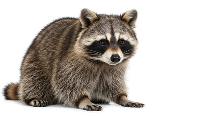 A raccoon with distinctive black mask and striped fur sitting on a plain white background looking forward