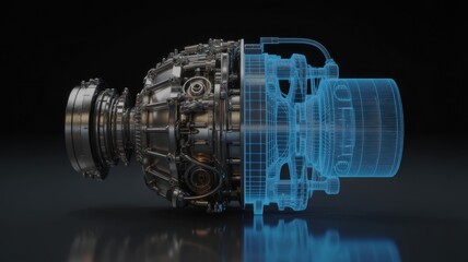 Closeup of a complex engine turbine showcasing advanced technology and mechanical design, highlighting industrial power and engineering innovation