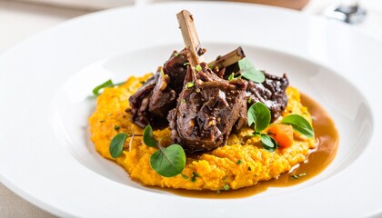 Slow-Braised Veal Cheeks with Red Wine Sauce and Root Puree. Portuguese Fine Dining Food