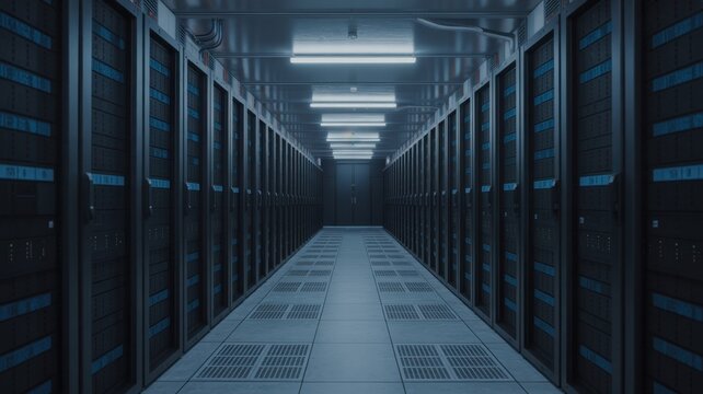 A long, empty server room with rows of computer racks, symbolizing the backbone of modern data storage and information technology