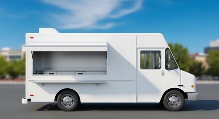 Side view of a clean white food truck mockup parked outdoors under a bright blue sky.